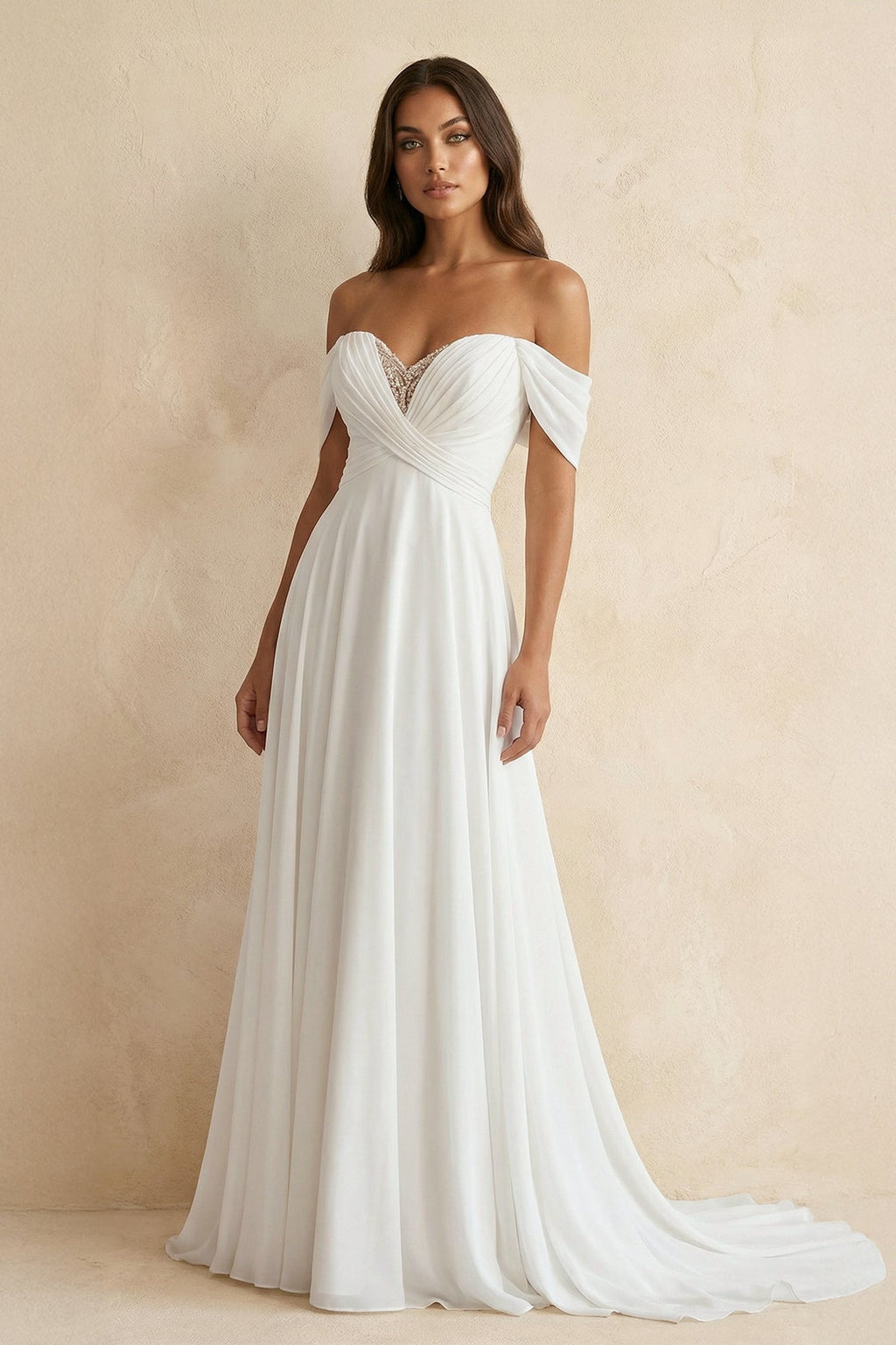 A-Line Chiffon Sleeveless Off-the-Shoulder Wedding Dress with Ruching Floor Length - Curvevia