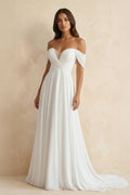 A-Line Chiffon Sleeveless Off-the-Shoulder Wedding Dress with Ruching Floor Length - Curvevia
