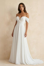 A-Line Chiffon Sleeveless Off-the-Shoulder Wedding Dress with Ruching Floor Length - Curvevia
