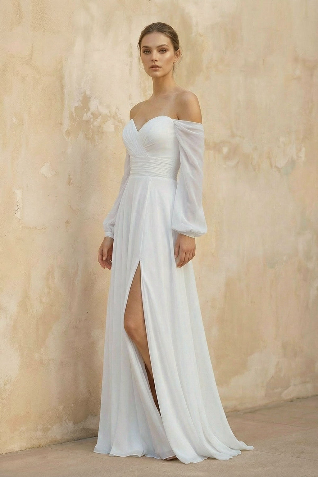 Off The Shoulder A Line Chiffon Wedding Dress With Slit - Curvevia