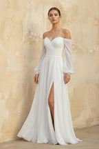 Off The Shoulder A Line Chiffon Wedding Dress With Slit - Curvevia