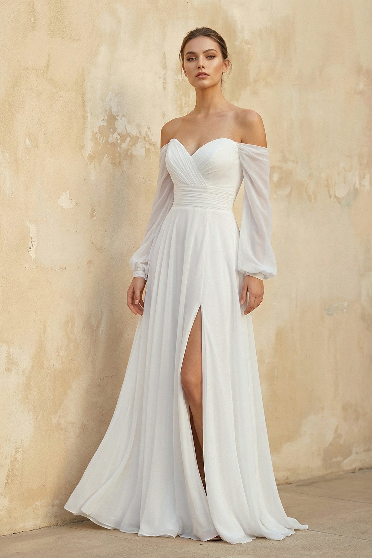 Off The Shoulder A Line Chiffon Wedding Dress With Slit - Curvevia