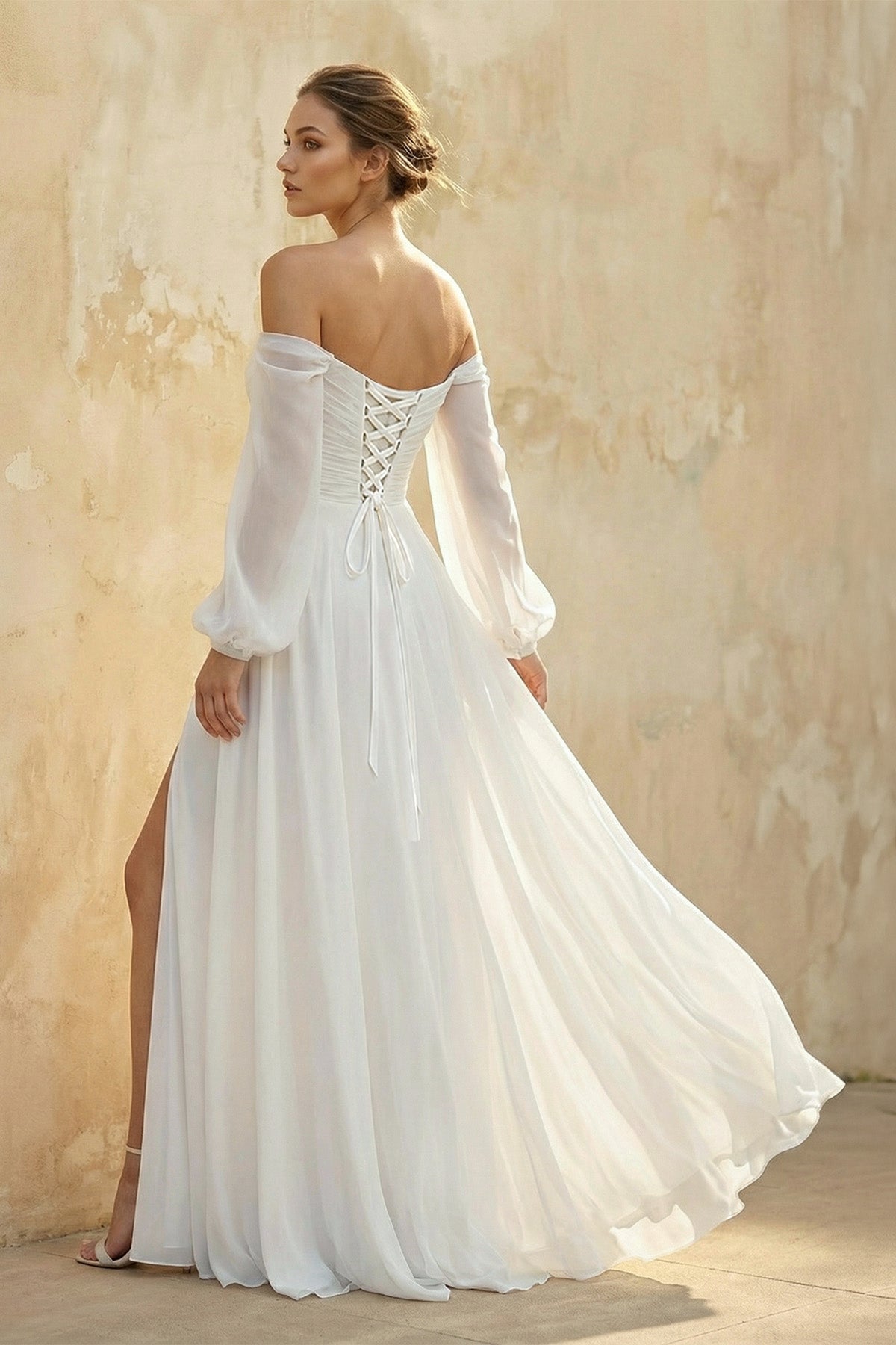 Off The Shoulder A Line Chiffon Wedding Dress With Slit - Curvevia