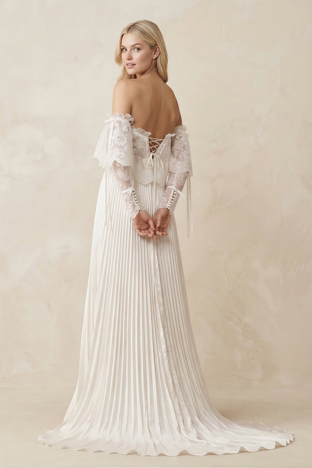 Off-the-Shoulder A-Line Pleated Appliqued Wedding Dress with Bow in Ivory - Curvevia