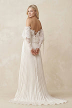Off-the-Shoulder A-Line Pleated Appliqued Wedding Dress with Bow in Ivory - Curvevia