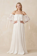 Off-the-Shoulder A-Line Pleated Appliqued Wedding Dress with Bow in Ivory - Curvevia