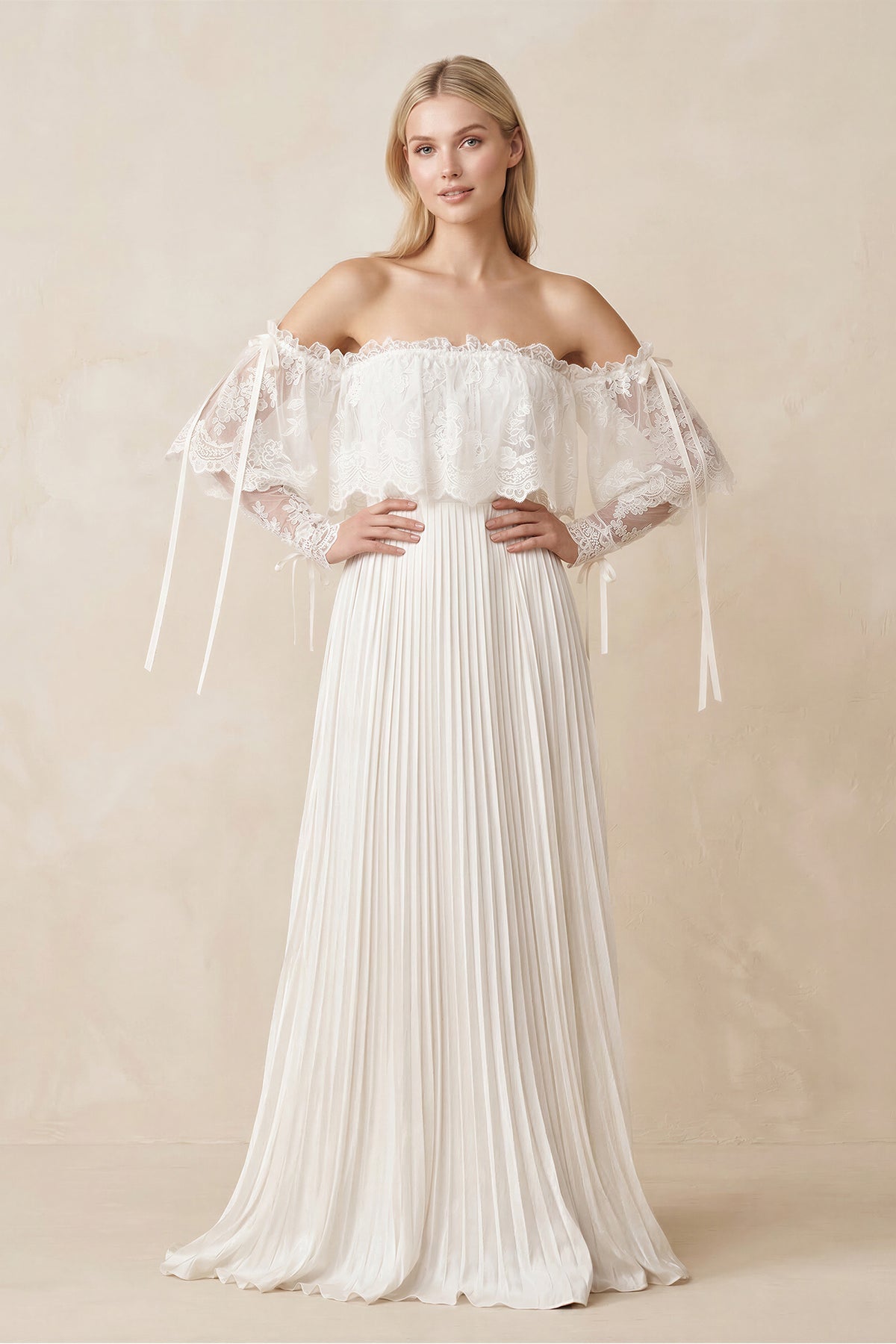 Off-the-Shoulder A-Line Pleated Appliqued Wedding Dress with Bow in Ivory - Curvevia