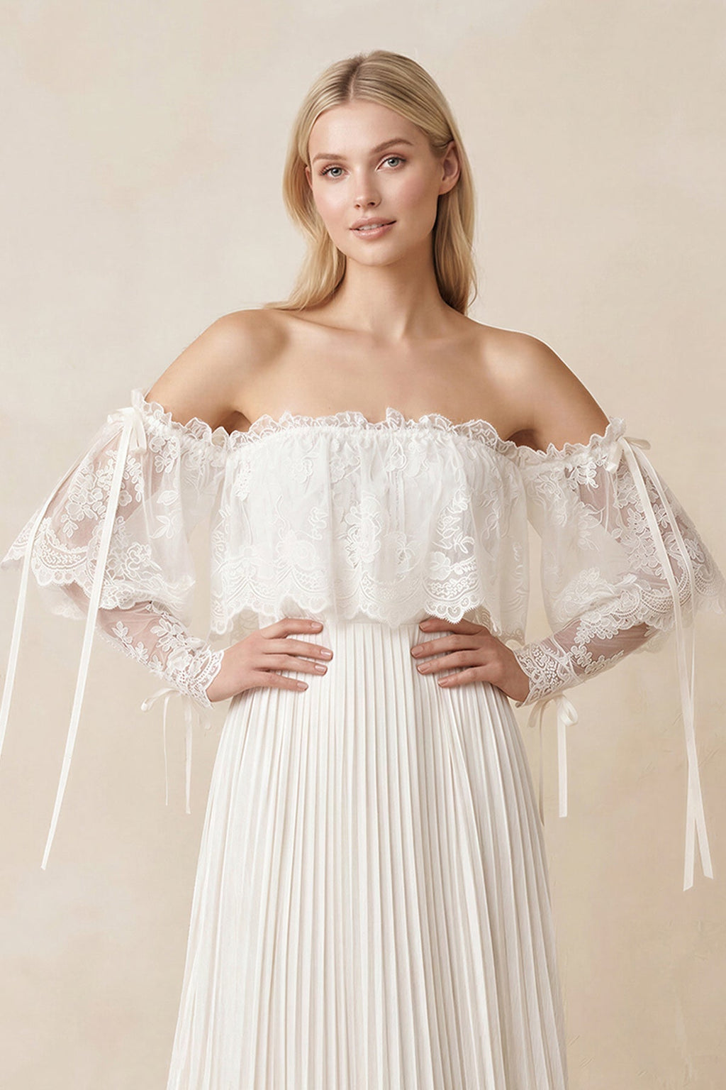 Off-the-Shoulder A-Line Pleated Appliqued Wedding Dress with Bow in Ivory - Curvevia