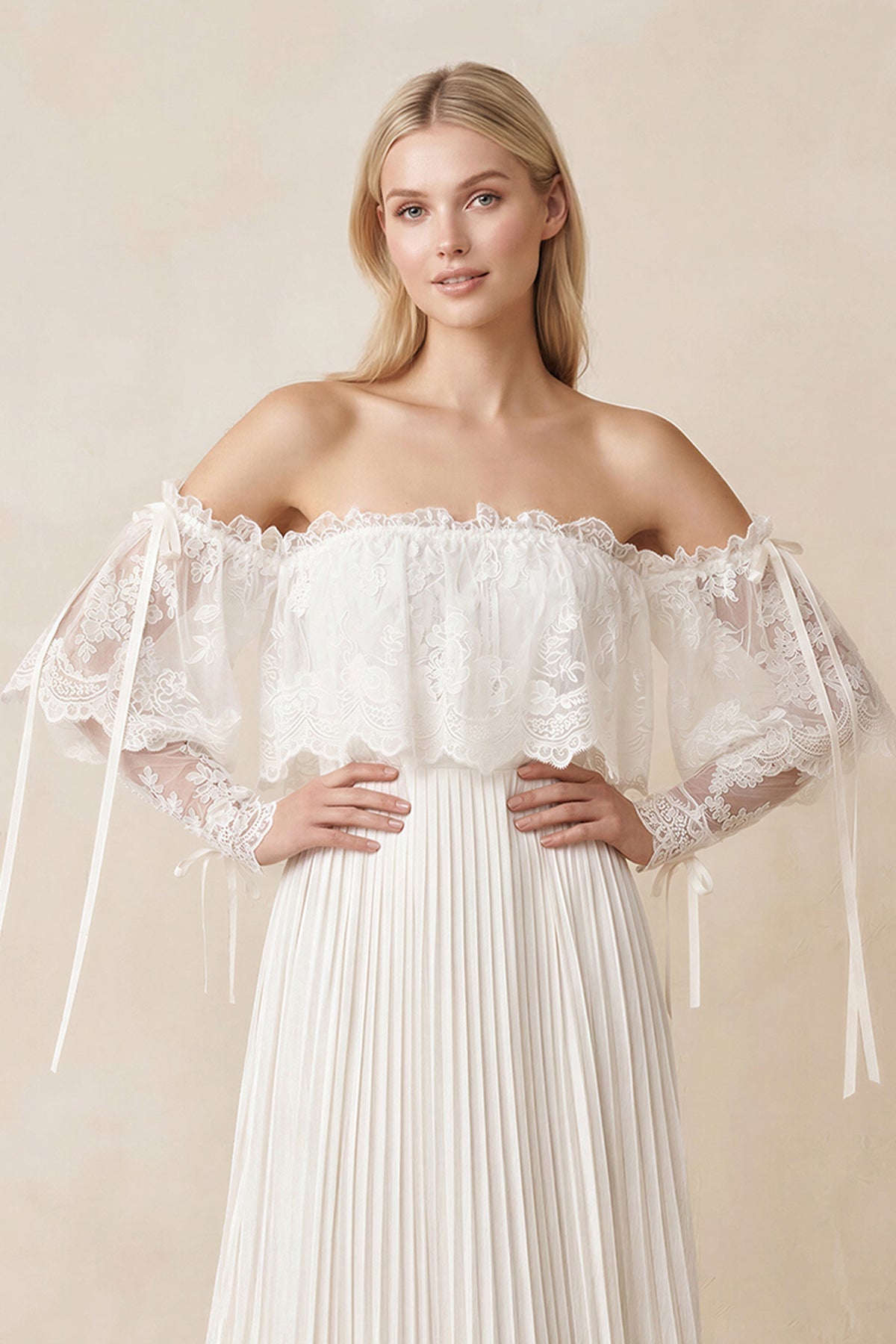 Off-the-Shoulder A-Line Pleated Appliqued Wedding Dress with Bow in Ivory - Curvevia