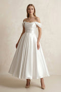 Off-the-Shoulder Ball-Gown Satin Midi Wedding Dress in White - Curvevia