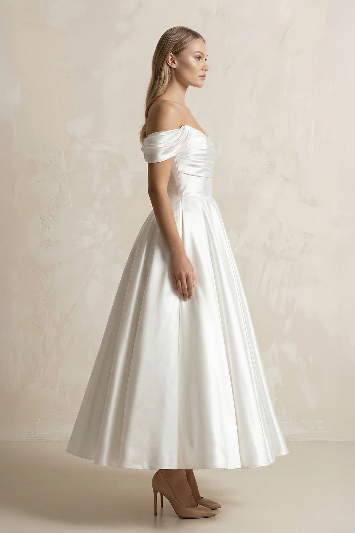 Off-the-Shoulder Ball-Gown Satin Midi Wedding Dress in White - Curvevia