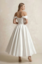 Off-the-Shoulder Ball-Gown Satin Midi Wedding Dress in White - Curvevia