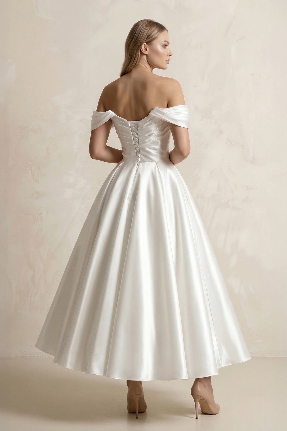 Off-the-Shoulder Ball-Gown Satin Midi Wedding Dress in White - Curvevia