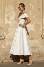A-Line Satin Tea Length White Off the Shoulder Wedding Dress - Curvevia
