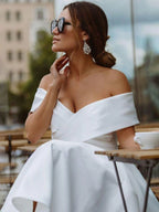 A-Line Satin Tea Length White Off the Shoulder Wedding Dress - Curvevia