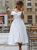 A-Line Satin Tea Length White Off the Shoulder Wedding Dress - Curvevia