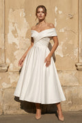 A-Line Satin Tea Length White Off the Shoulder Wedding Dress - Curvevia