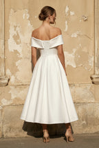 A-Line Satin Tea Length White Off the Shoulder Wedding Dress - Curvevia