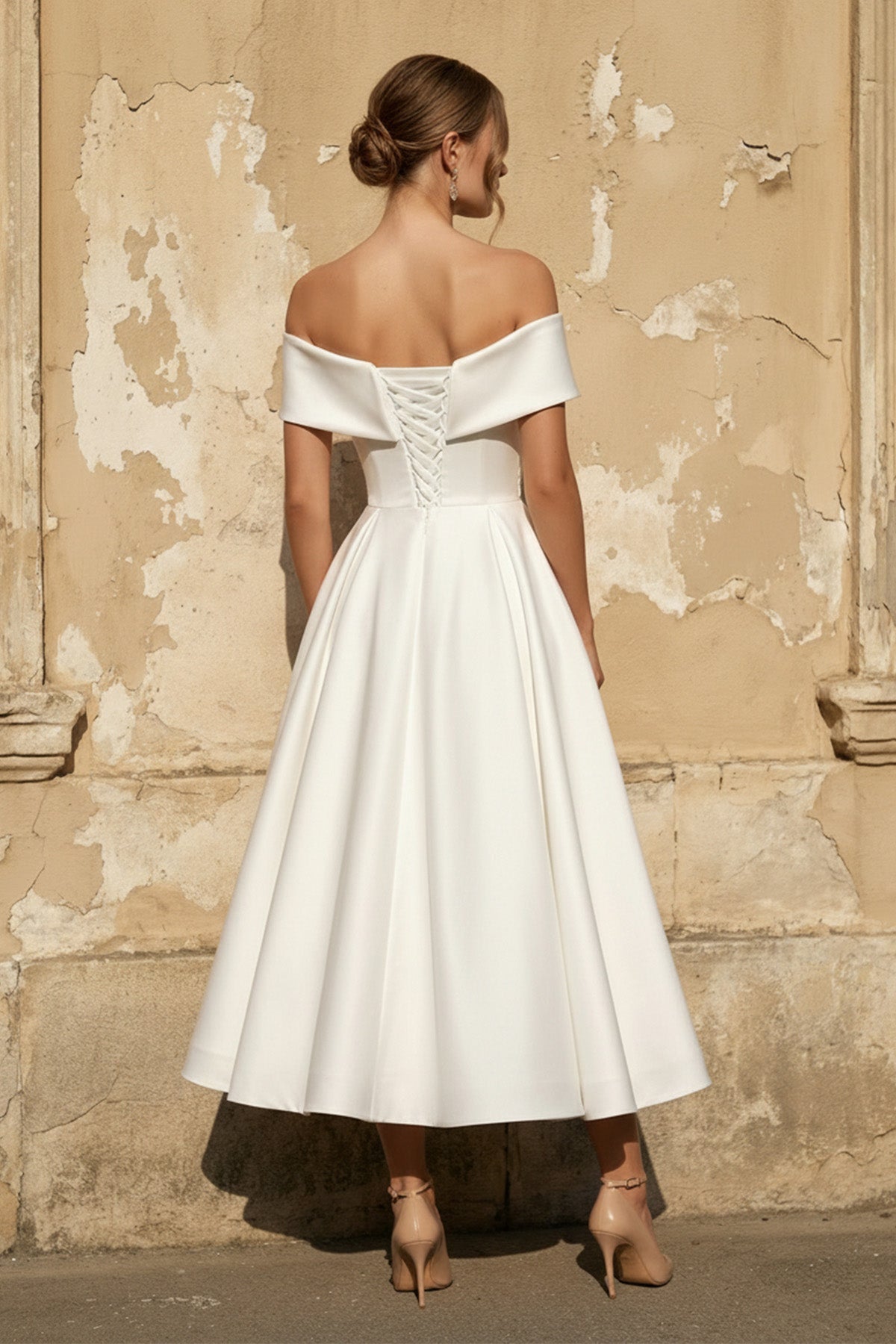 A-Line Satin Tea Length White Off the Shoulder Wedding Dress - Curvevia