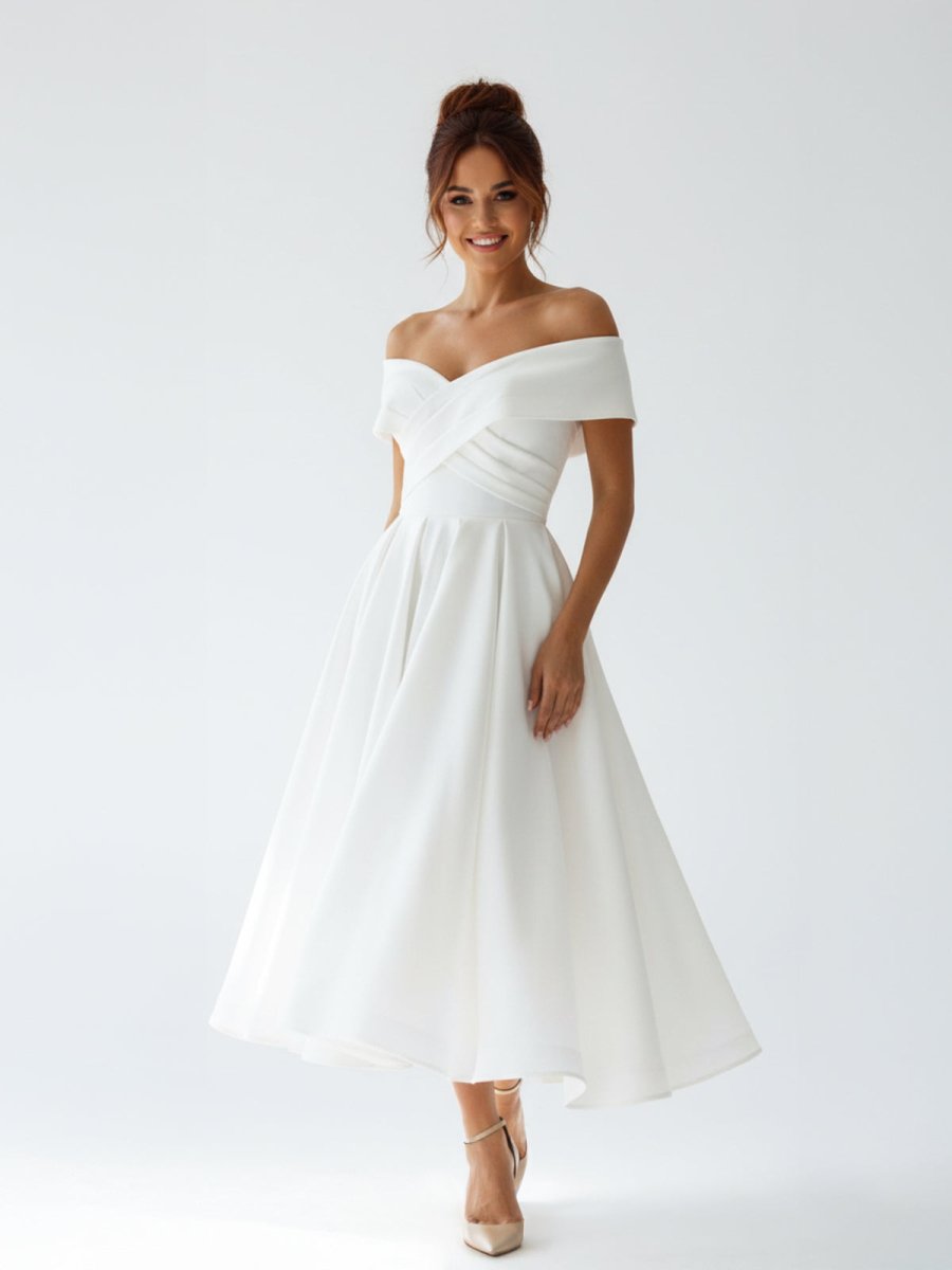 A-Line Satin Tea Length White Off the Shoulder Wedding Dress - Curvevia