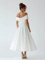A-Line Satin Tea Length White Off the Shoulder Wedding Dress - Curvevia