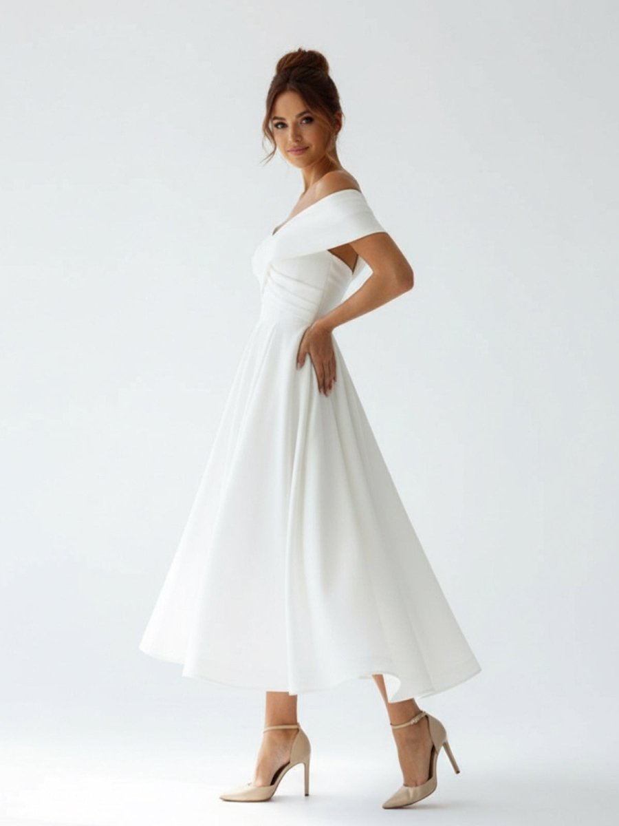 A-Line Satin Tea Length White Off the Shoulder Wedding Dress - Curvevia