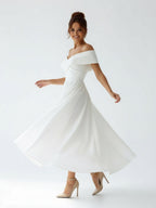 A-Line Satin Tea Length White Off the Shoulder Wedding Dress - Curvevia