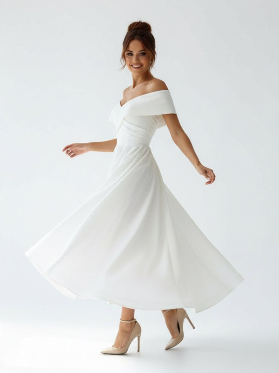 A-Line Satin Tea Length White Off the Shoulder Wedding Dress - Curvevia