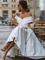 A-Line Satin Tea Length White Off the Shoulder Wedding Dress - Curvevia