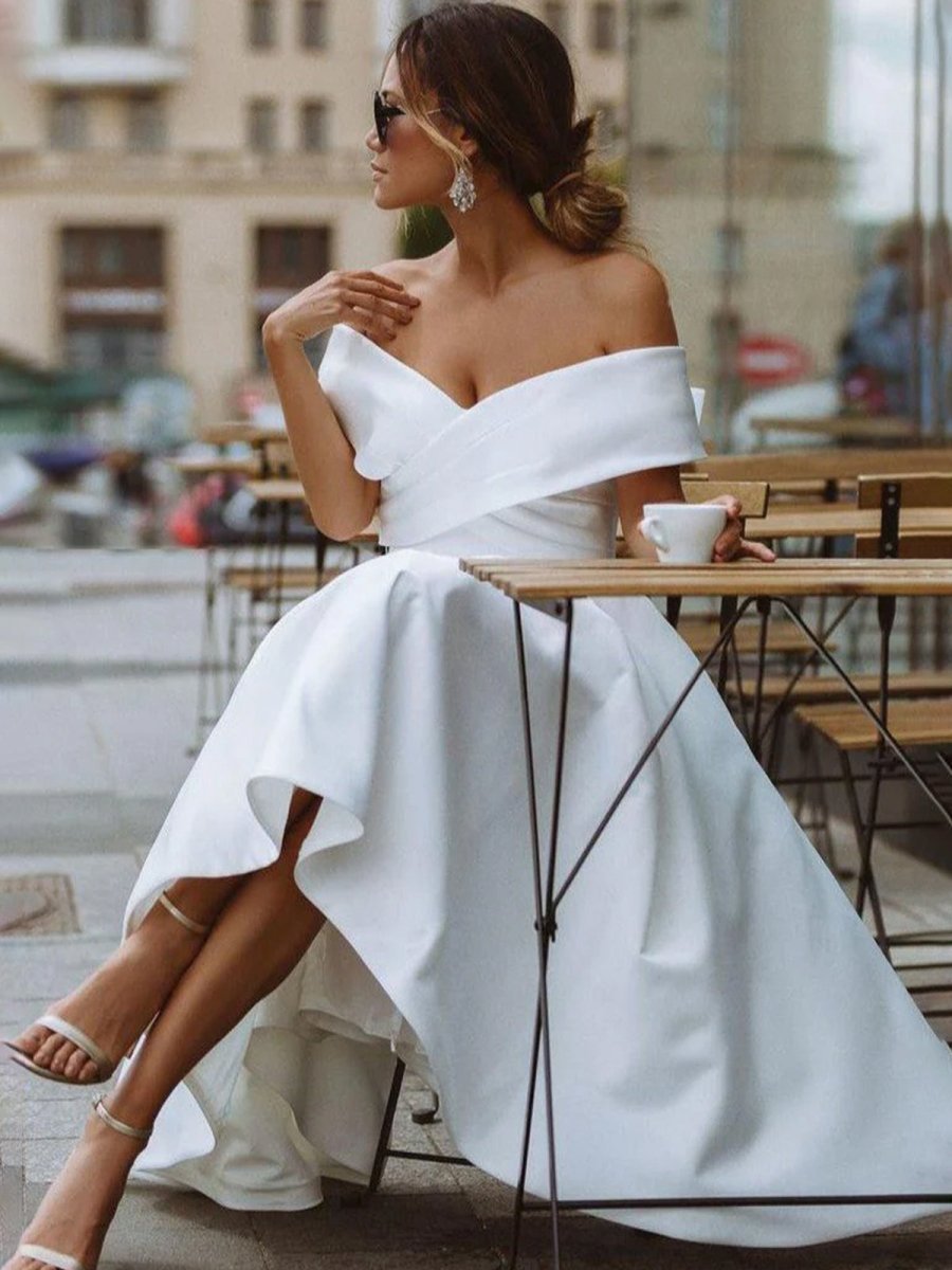 A-Line Satin Tea Length White Off the Shoulder Wedding Dress - Curvevia