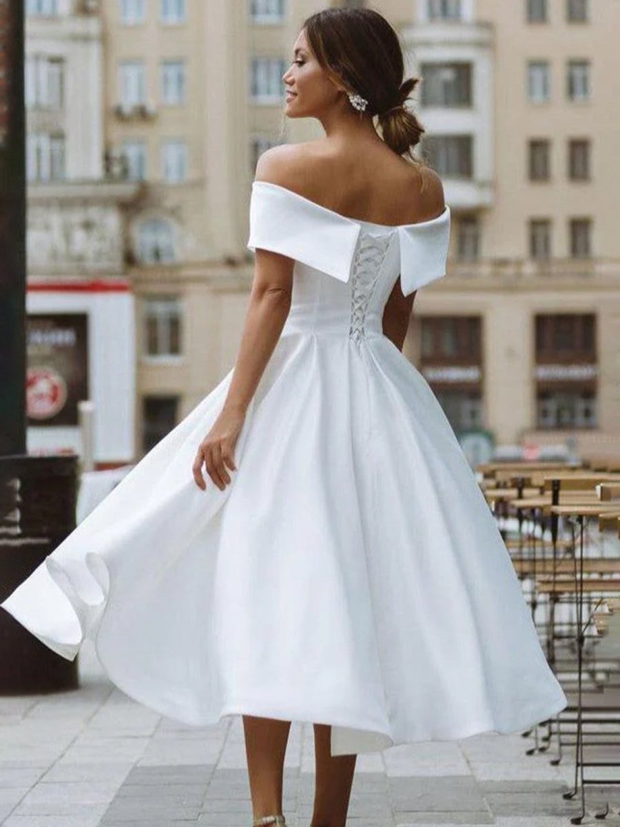A-Line Satin Tea Length White Off the Shoulder Wedding Dress - Curvevia