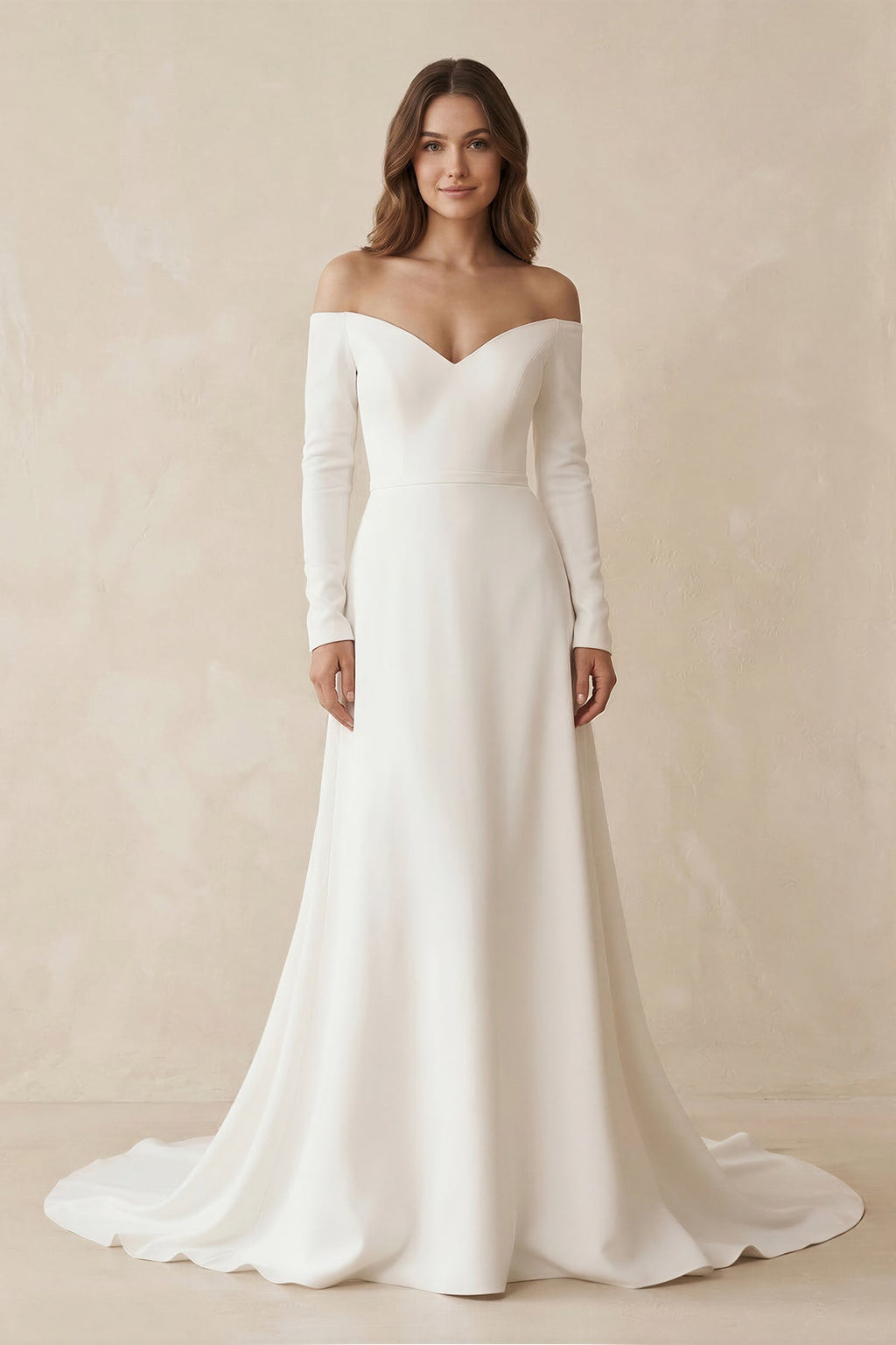 Simple A-Line Off the Shoulder Long Sleeves White Satin Wedding Dresses - Curvevia