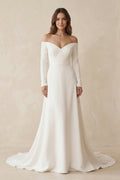 Simple A-Line Off the Shoulder Long Sleeves White Satin Wedding Dresses - Curvevia