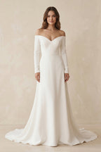 Simple A-Line Off the Shoulder Long Sleeves White Satin Wedding Dresses - Curvevia