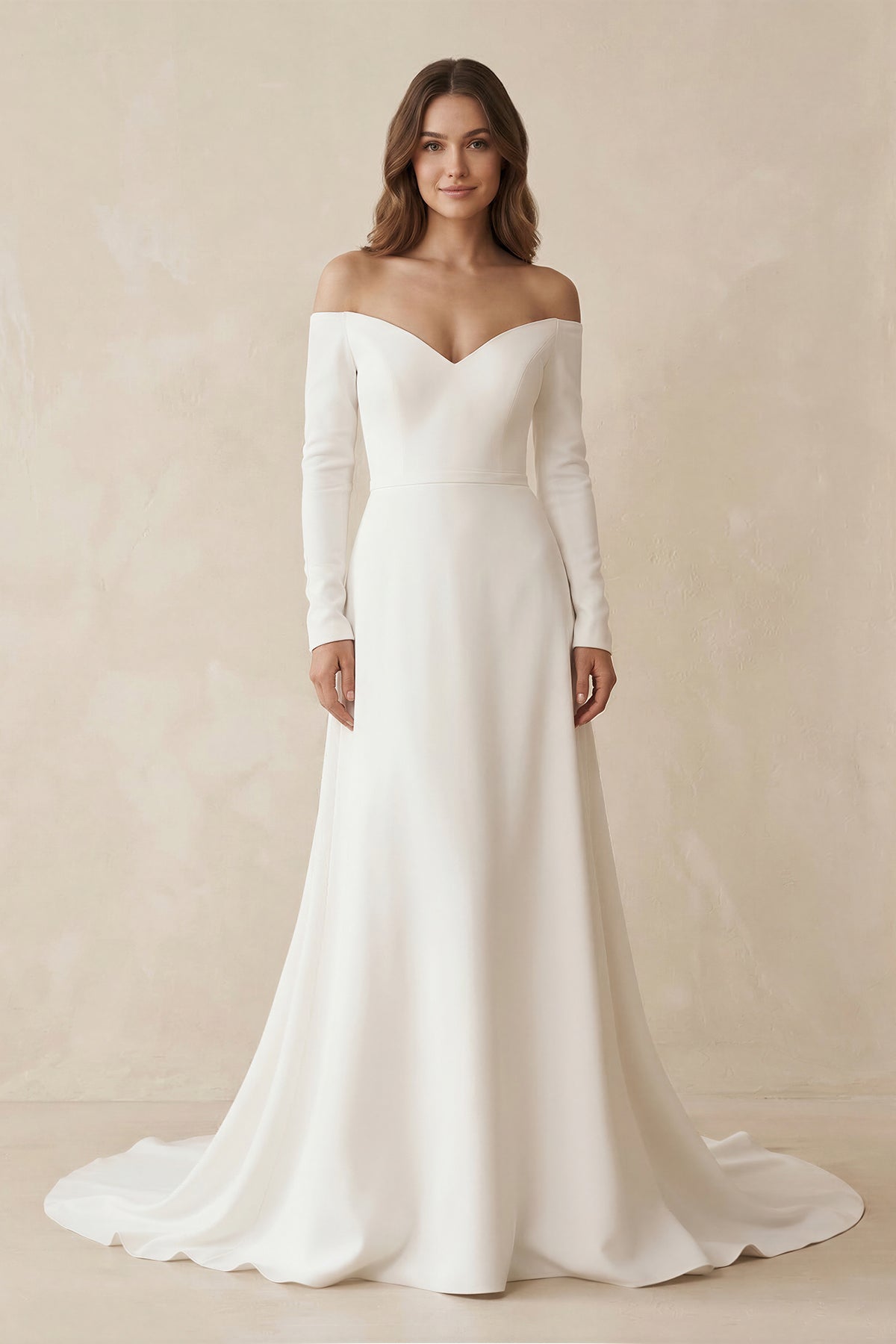 Simple A-Line Off the Shoulder Long Sleeves White Satin Wedding Dresses - Curvevia
