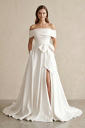 White Satin Off-the-Shoulder Bow A-Line Wedding Dress with Slit - Curvevia