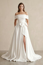 White Satin Off-the-Shoulder Bow A-Line Wedding Dress with Slit - Curvevia