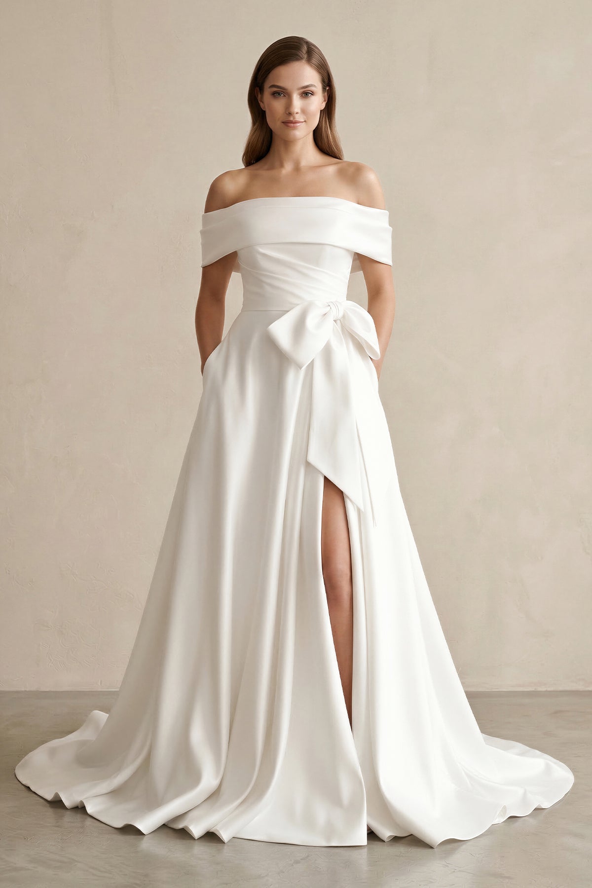 White Satin Off-the-Shoulder Bow A-Line Wedding Dress with Slit - Curvevia