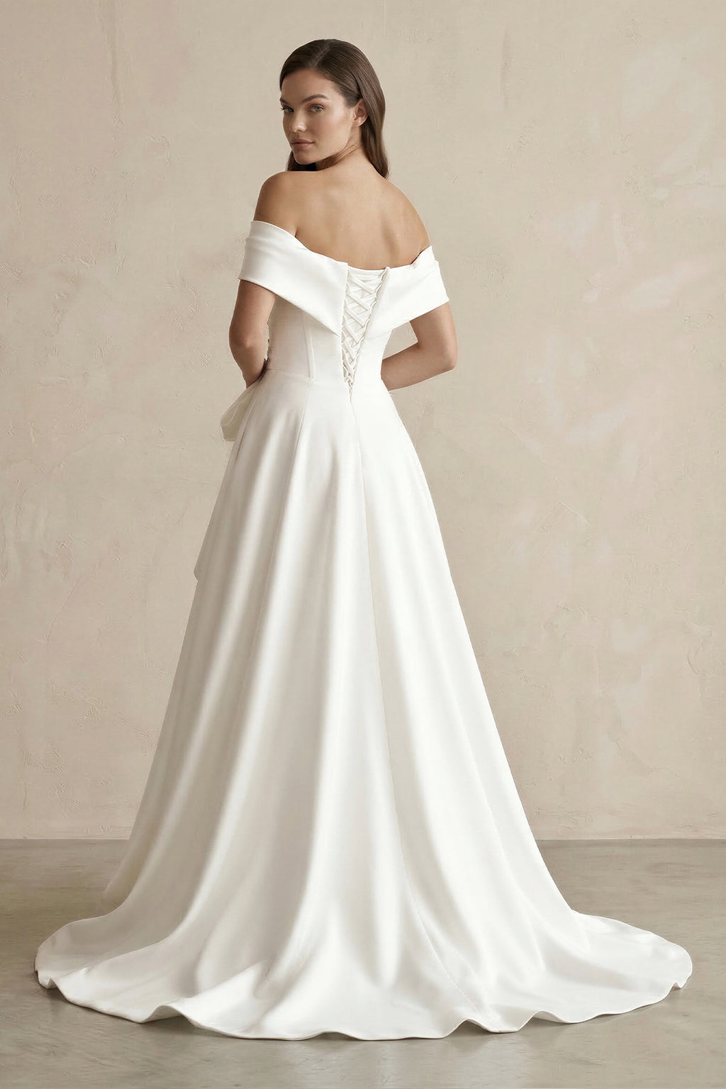 White Satin Off-the-Shoulder Bow A-Line Wedding Dress with Slit - Curvevia