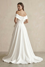 White Satin Off-the-Shoulder Bow A-Line Wedding Dress with Slit - Curvevia