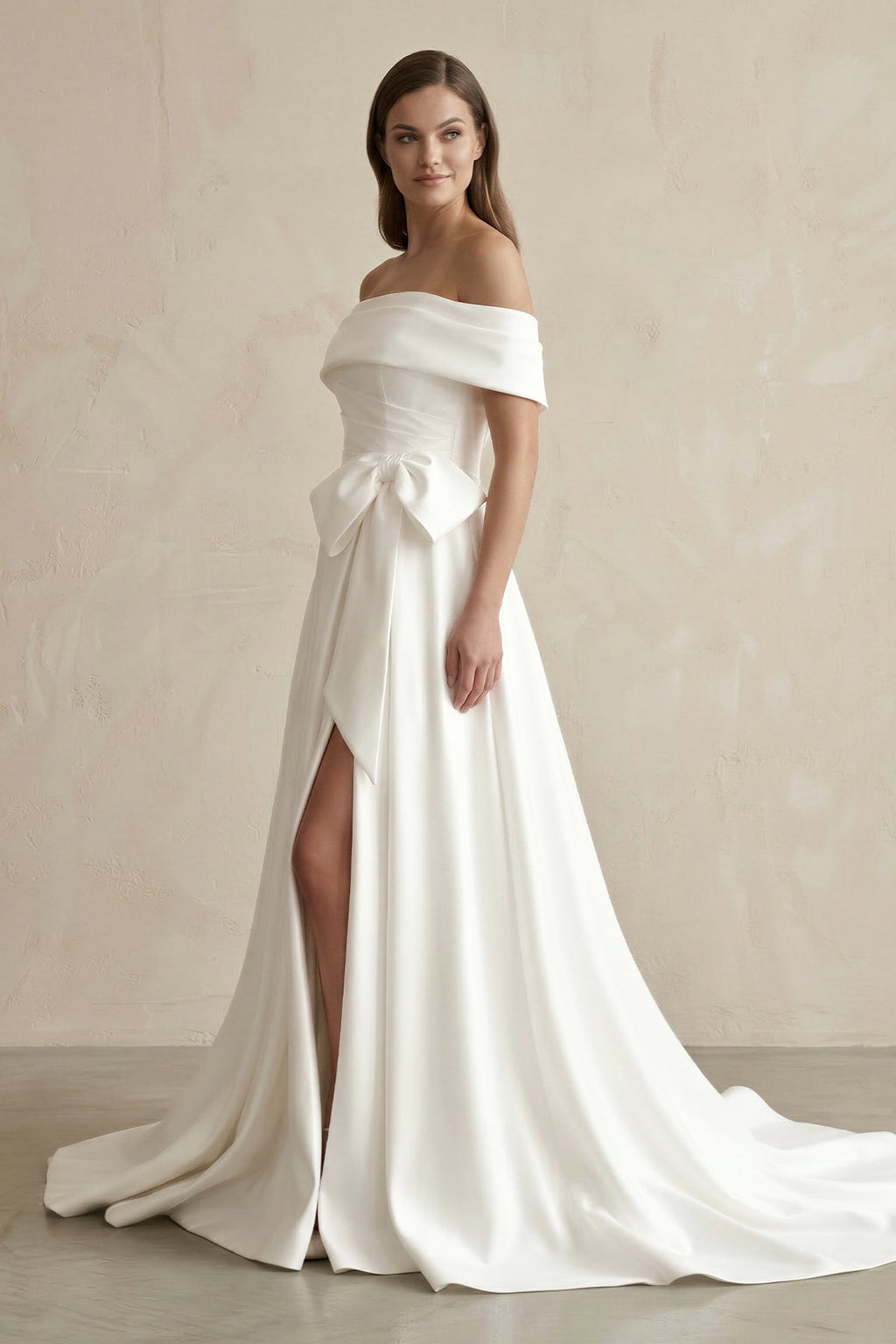 White Satin Off-the-Shoulder Bow A-Line Wedding Dress with Slit - Curvevia