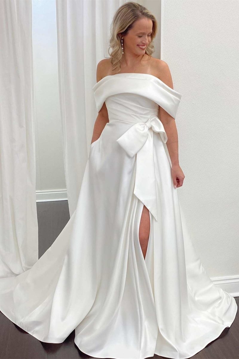 White Satin Off-the-Shoulder Bow A-Line Wedding Dress with Slit - Curvevia