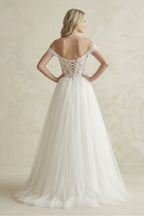 Off-the-Shoulder A-Line Tulle Appliqued Wedding Dress in White - Curvevia
