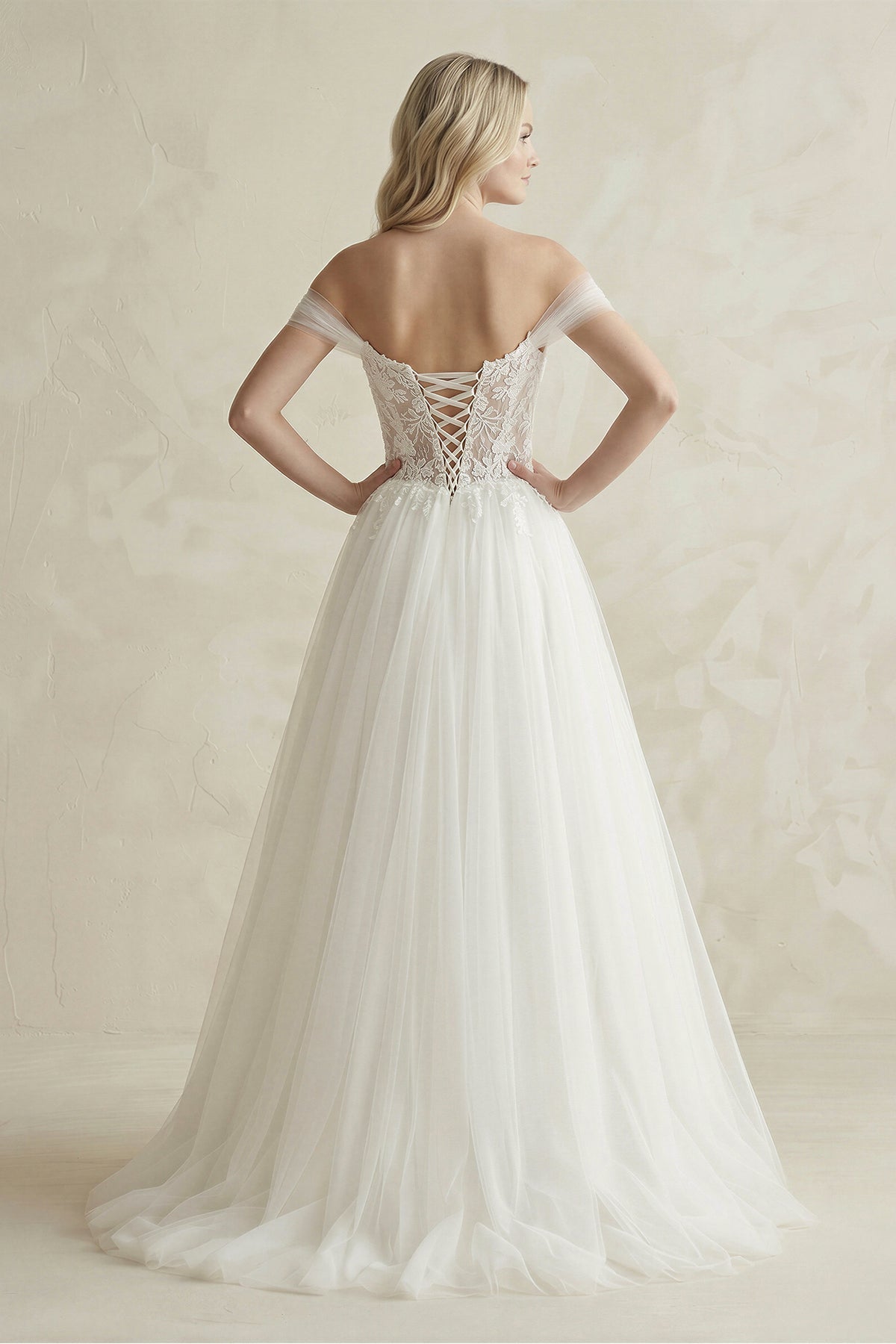 Off-the-Shoulder A-Line Tulle Appliqued Wedding Dress in White - Curvevia