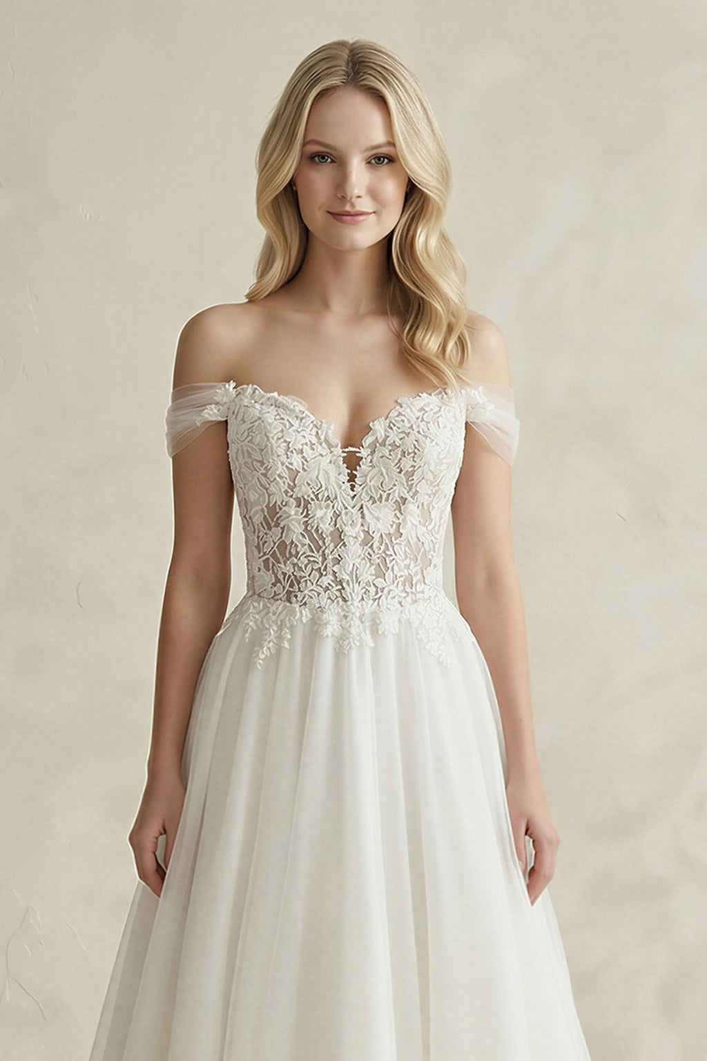 Off-the-Shoulder A-Line Tulle Appliqued Wedding Dress in White - Curvevia