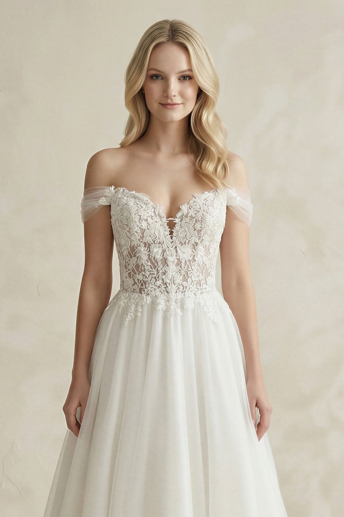 Off-the-Shoulder A-Line Tulle Appliqued Wedding Dress in White - Curvevia