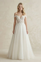 Off-the-Shoulder A-Line Tulle Appliqued Wedding Dress in White - Curvevia