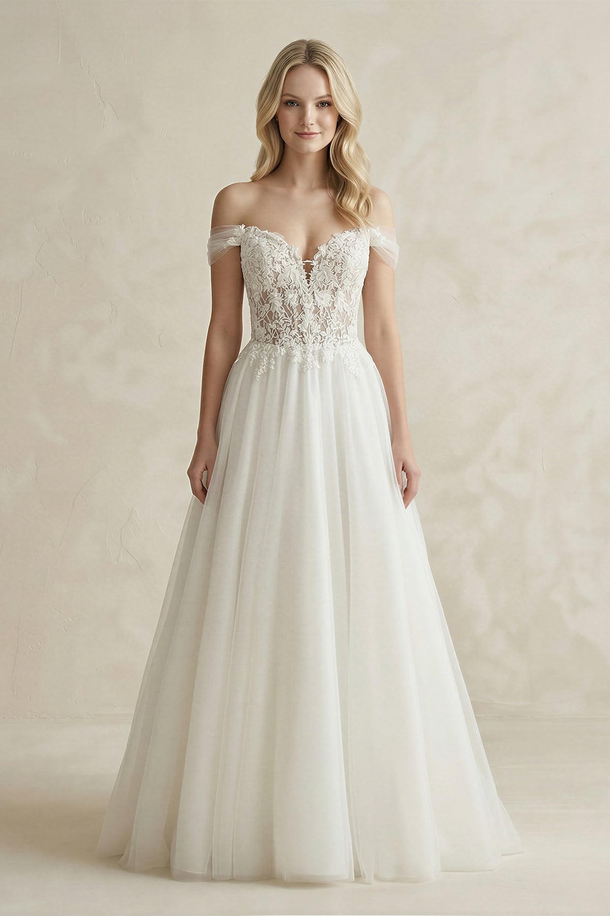 Off-the-Shoulder A-Line Tulle Appliqued Wedding Dress in White - Curvevia