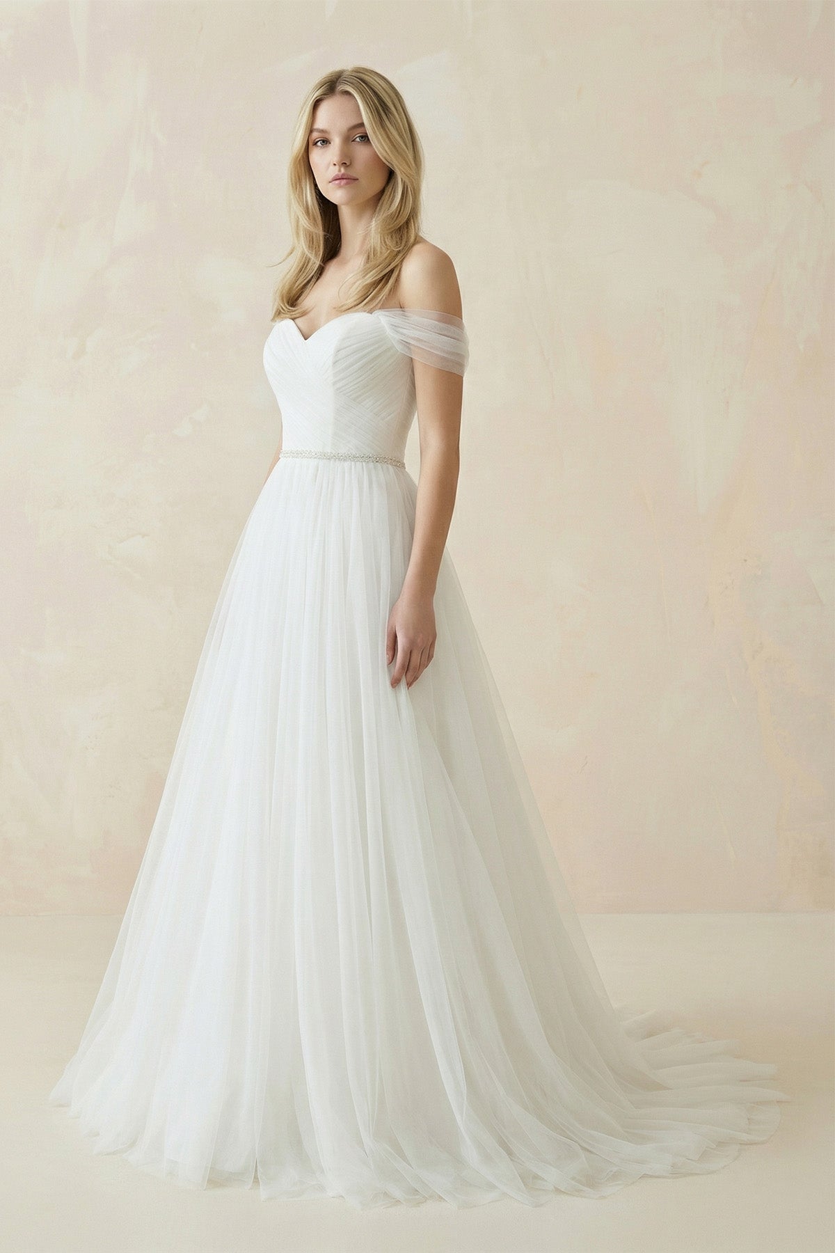 Off-The-Shoulder Tulle Ball Gown Sweep Train Dress - Curvevia