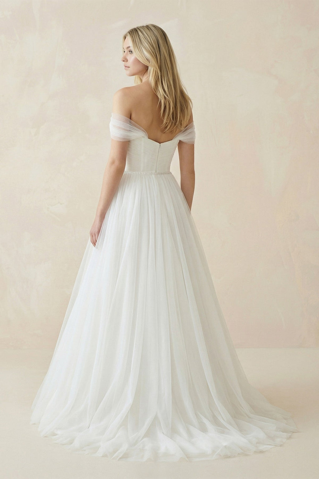 Off-The-Shoulder Tulle Ball Gown Sweep Train Dress - Curvevia